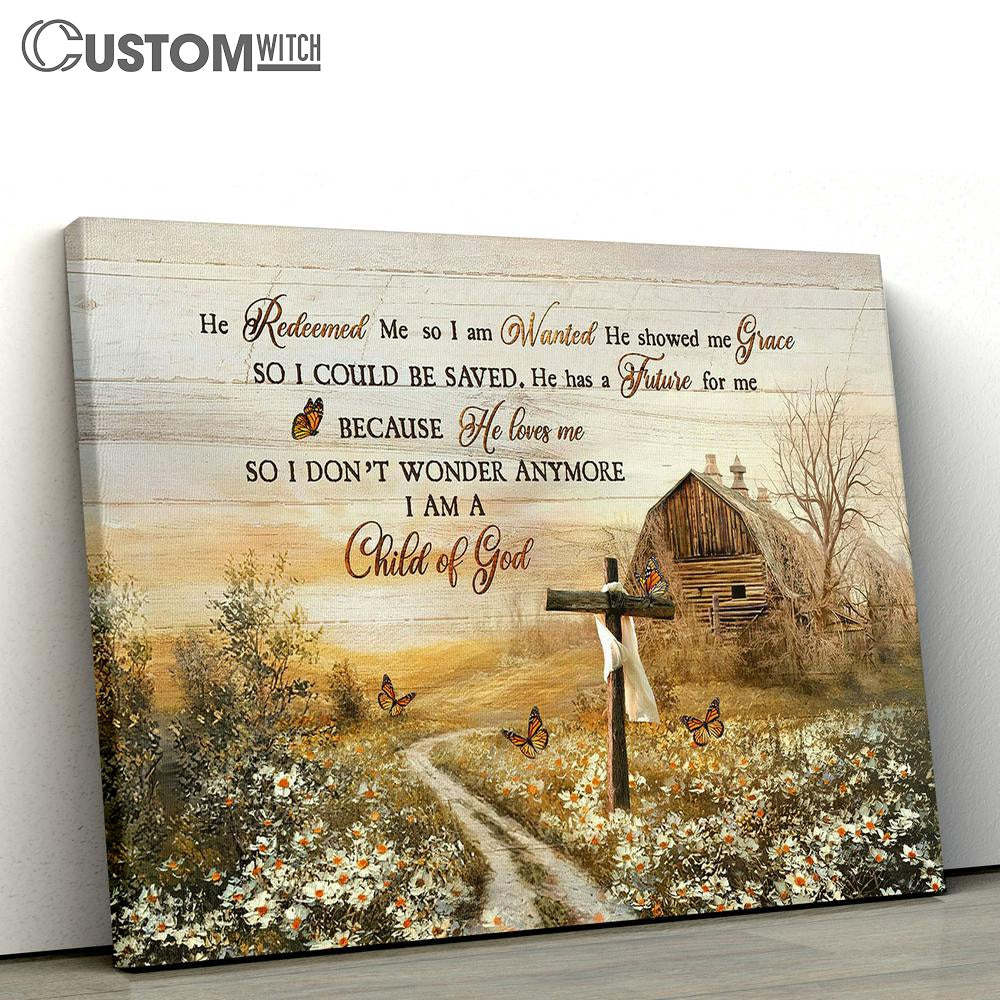 He Redeemed Me Canvas - Beautiful Farm Old Cross Daisy Field Butterfly Large Canvas Art - Christian Wall Decor - Religious Wall Decor