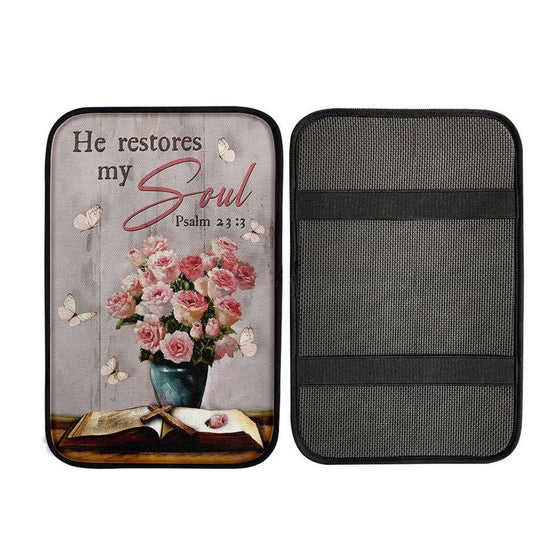 He Restores My Soul Pink Rose Vase Bible Car Center Console Cover, Christ Car Armrest Accessories