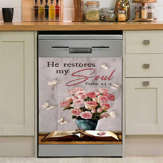 He Restores My Soul Pink Rose Vase Bible Dishwasher Cover, Bible Verse Dishwasher Stickers, Christian Inspirational Kitchen Decor