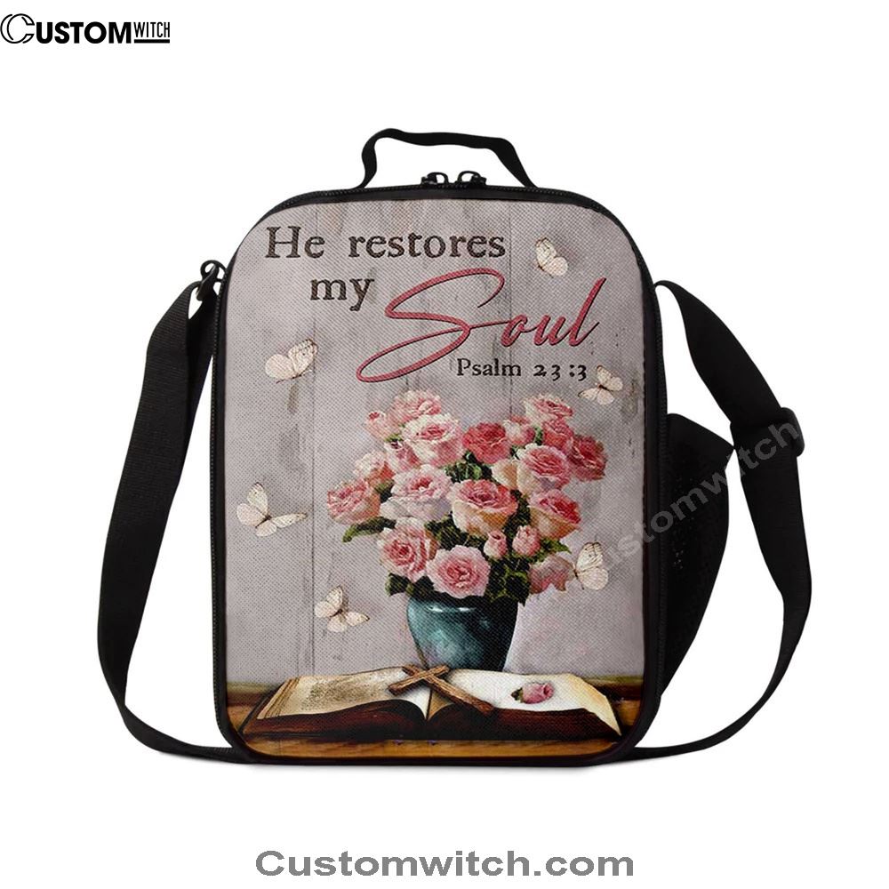 He Restores My Soul Pink Rose Vase Bible Lunch Bag, Christian Lunch Bag, Religious Lunch Box For School, Picnic