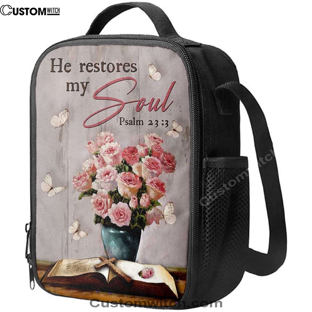 He Restores My Soul Pink Rose Vase Bible Lunch Bag, Christian Lunch Bag, Religious Lunch Box For School, Picnic