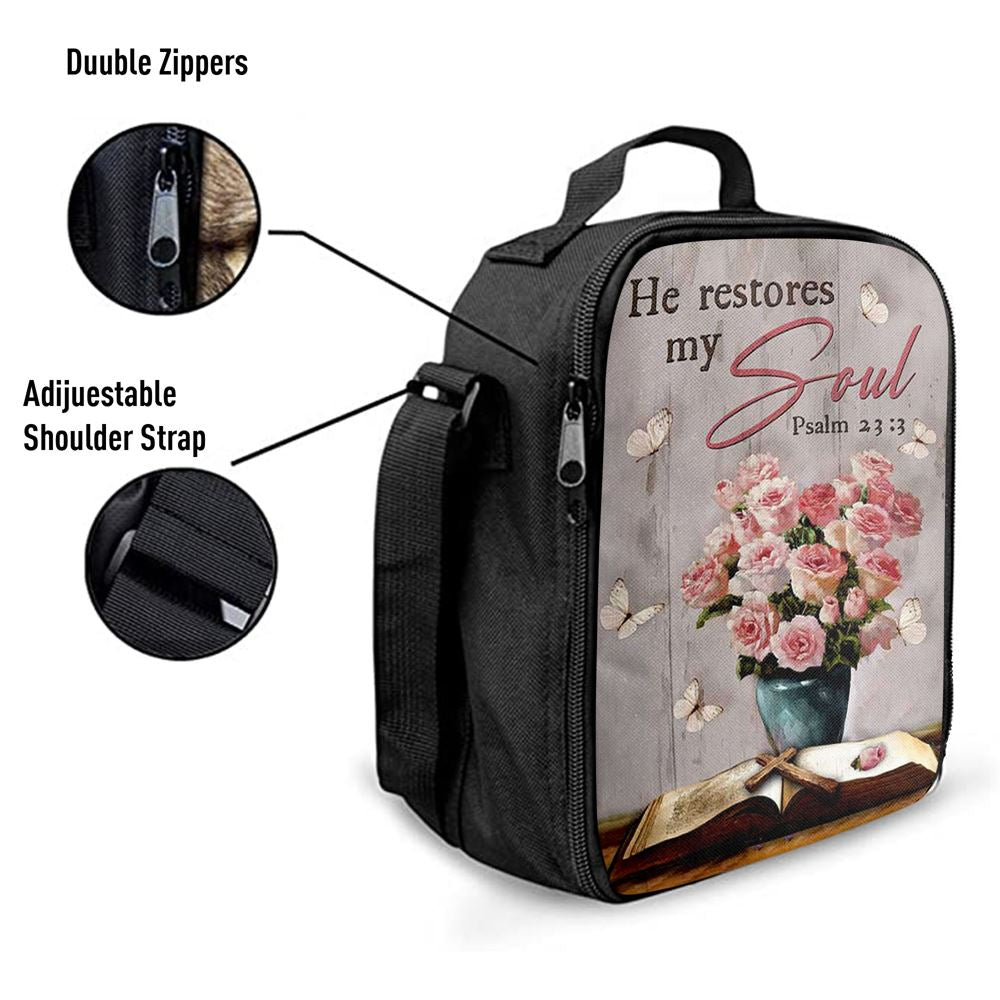 He Restores My Soul Pink Rose Vase Bible Lunch Bag, Christian Lunch Bag, Religious Lunch Box For School, Picnic
