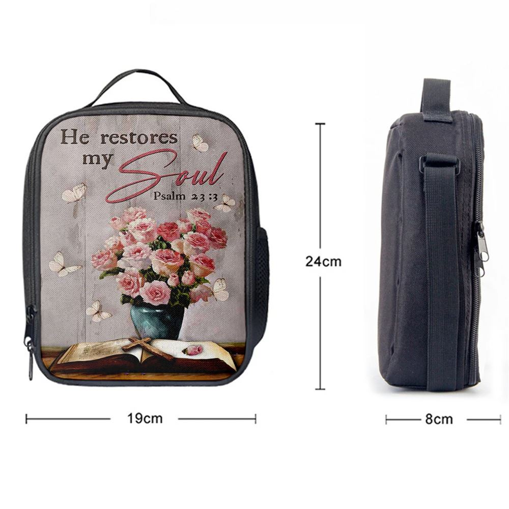 He Restores My Soul Pink Rose Vase Bible Lunch Bag, Christian Lunch Bag, Religious Lunch Box For School, Picnic