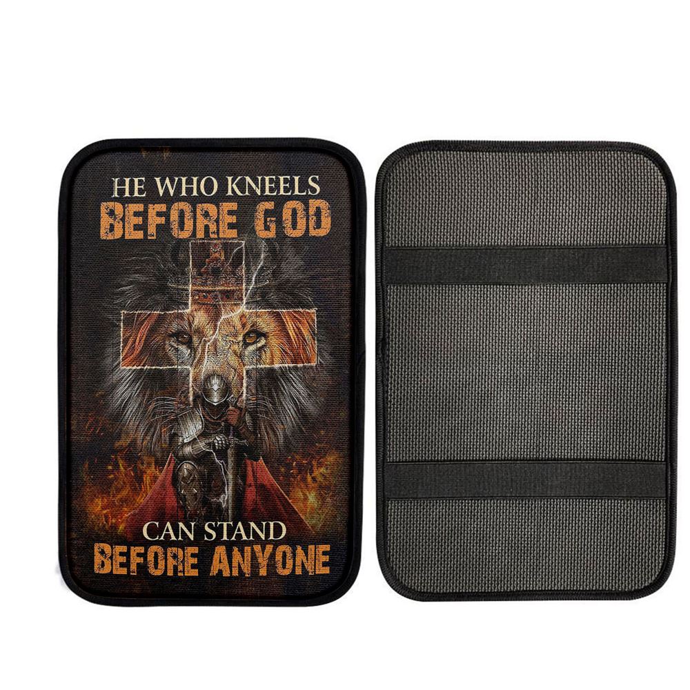 He Who Kneels Before God Car Armrest Pad - Warrior Of Christ Lion Of Judah Car Center Console Cover, Religious Car Interior Accessories