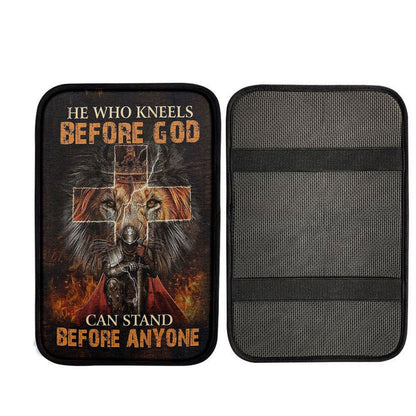He Who Kneels Before God Car Armrest Pad - Warrior Of Christ Lion Of Judah Car Center Console Cover, Religious Car Interior Accessories