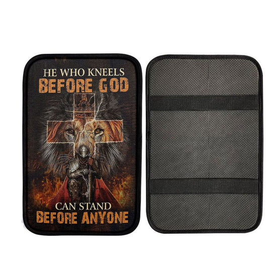 He Who Kneels Before God Car Armrest Pad - Warrior Of Christ Lion Of Judah Car Center Console Cover, Religious Car Interior Accessories