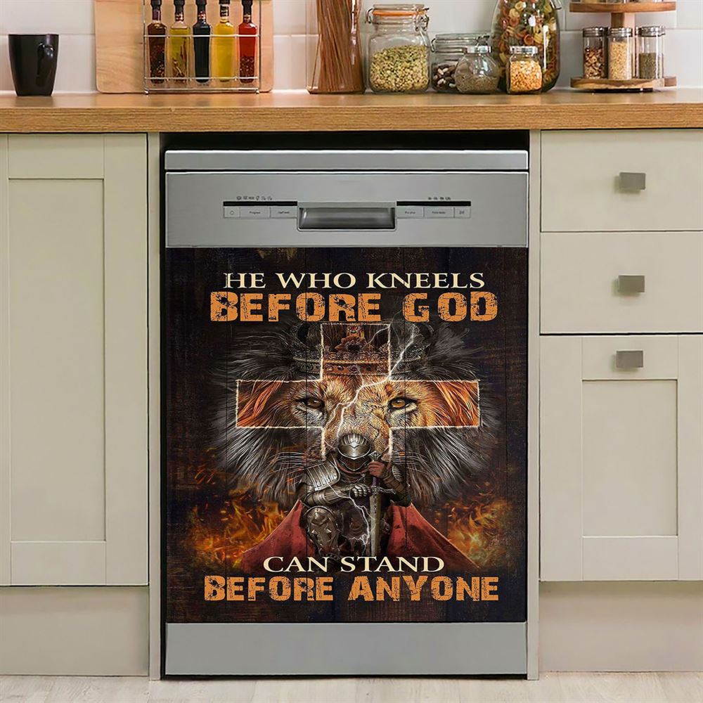 He Who Kneels Before God Dishwasher Cover, Warrior Of Christ Lion Of Judah Dishwasher Stickers, Christian Kitchen Decor