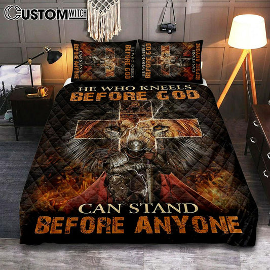 He Who Kneels Before God Quilt Bedding Set - Warrior Of Christ Lion Of Judah Quilt Bedding Set Art - Christian Art - Bible Verse Bedroom - Religious Home Decor