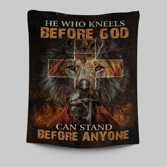 He Who Kneels Before God Tapestry - Warrior Of Christ Lion Of Judah Tapestry Art - Christian Art - Bible Verse Wall Art - Religious Home Decor
