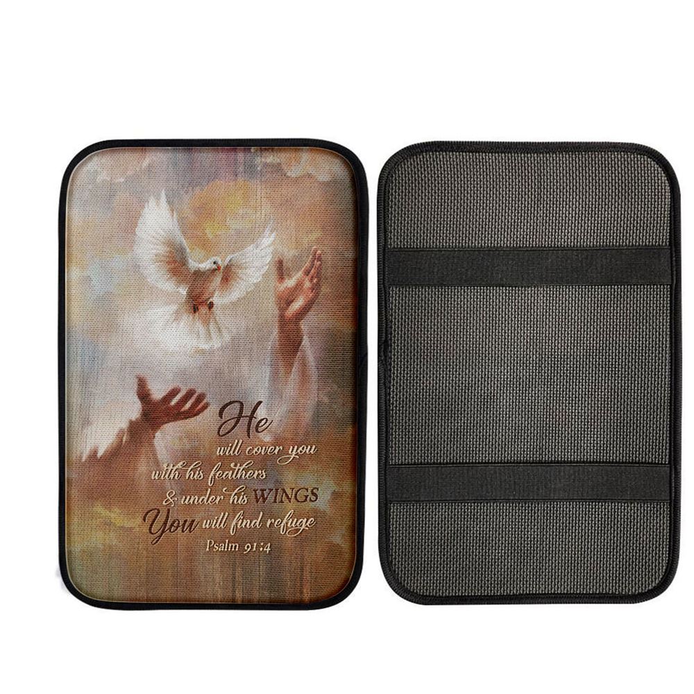 He Will Cover You With His Feathers Car Armrest Pad - Beautiful Dove Jesus's Hand Religious Car Interior Accessories