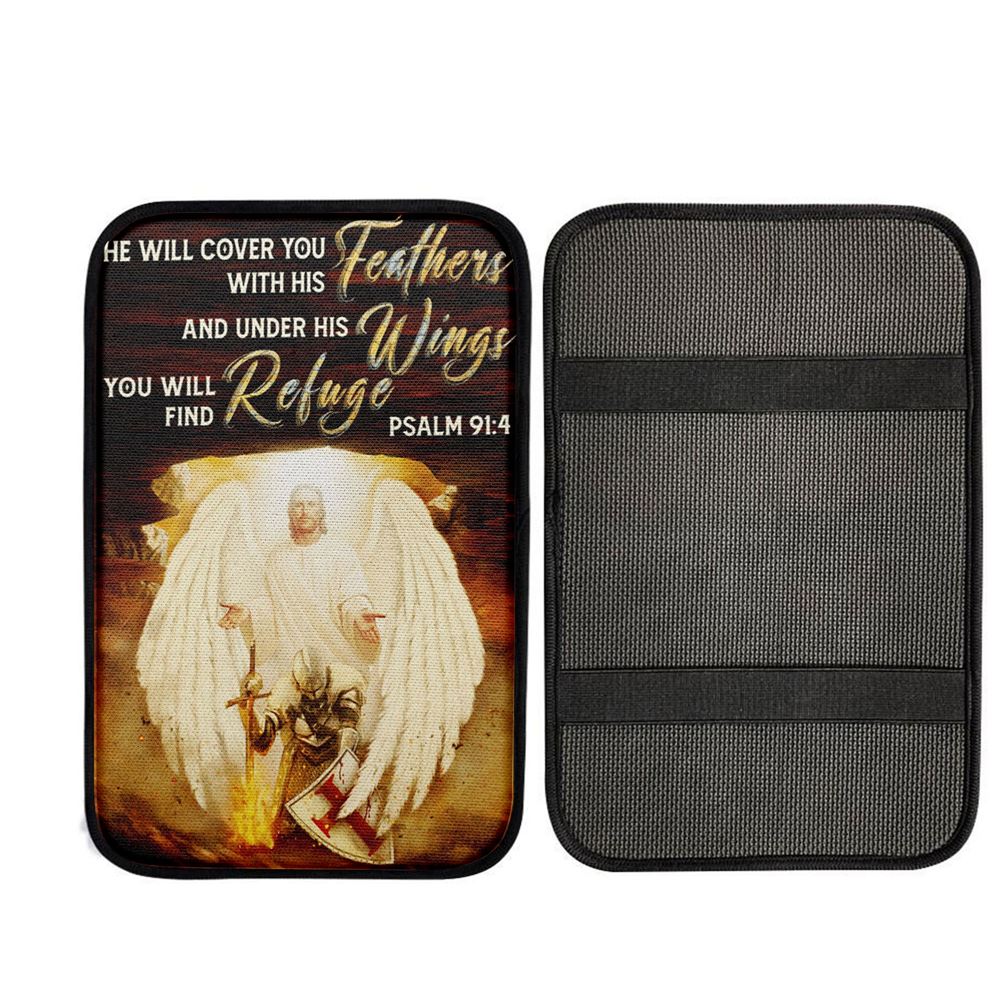 He Will Cover You With His Feathers Car Armrest Pad - Jesus Angel Wings Warrior Car Center Console Cover, Religious Car Interior Accessories