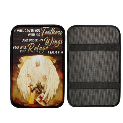 He Will Cover You With His Feathers Car Armrest Pad - Jesus Angel Wings Warrior Car Center Console Cover, Religious Car Interior Accessories