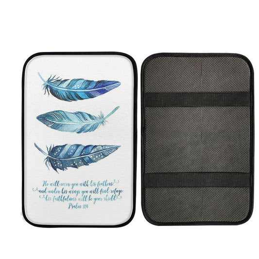 He Will Cover You With His Feathers Car Center Console Cover - Psalm 91 4, Religious Car Interior Accessories