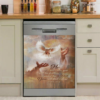 He Will Cover You With His Feathers Dishwasher Cover, Beautiful Dove Jesus's Hand Dishwasher Stickers, Bible Verse Kitchen Decor