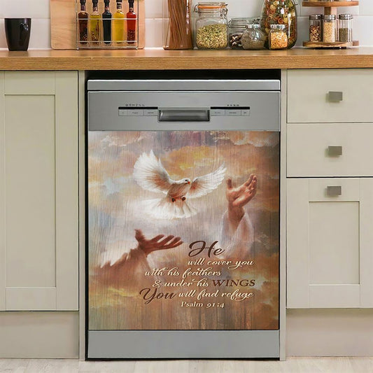 He Will Cover You With His Feathers Dishwasher Cover, Beautiful Dove Jesus's Hand Dishwasher Stickers, Bible Verse Kitchen Decor