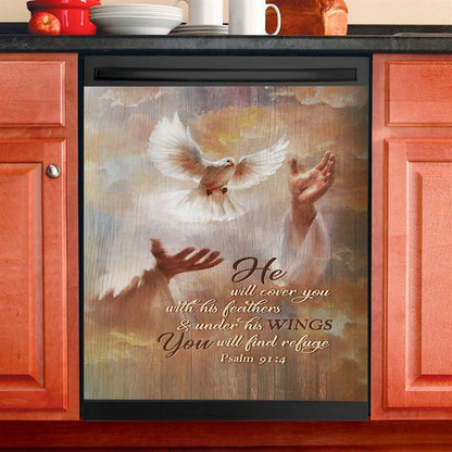 He Will Cover You With His Feathers Dishwasher Cover, Beautiful Dove Jesus's Hand Dishwasher Stickers, Bible Verse Kitchen Decor