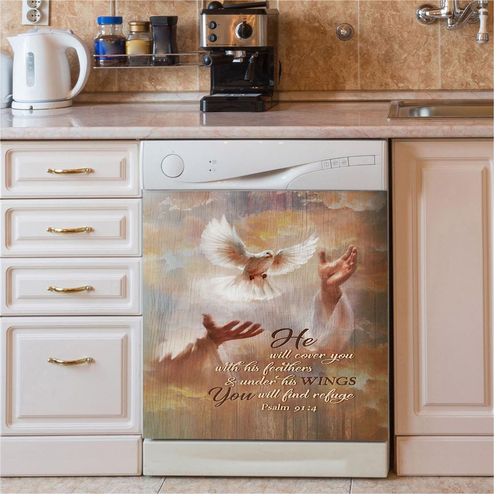 He Will Cover You With His Feathers Dishwasher Cover, Beautiful Dove Jesus's Hand Dishwasher Stickers, Bible Verse Kitchen Decor