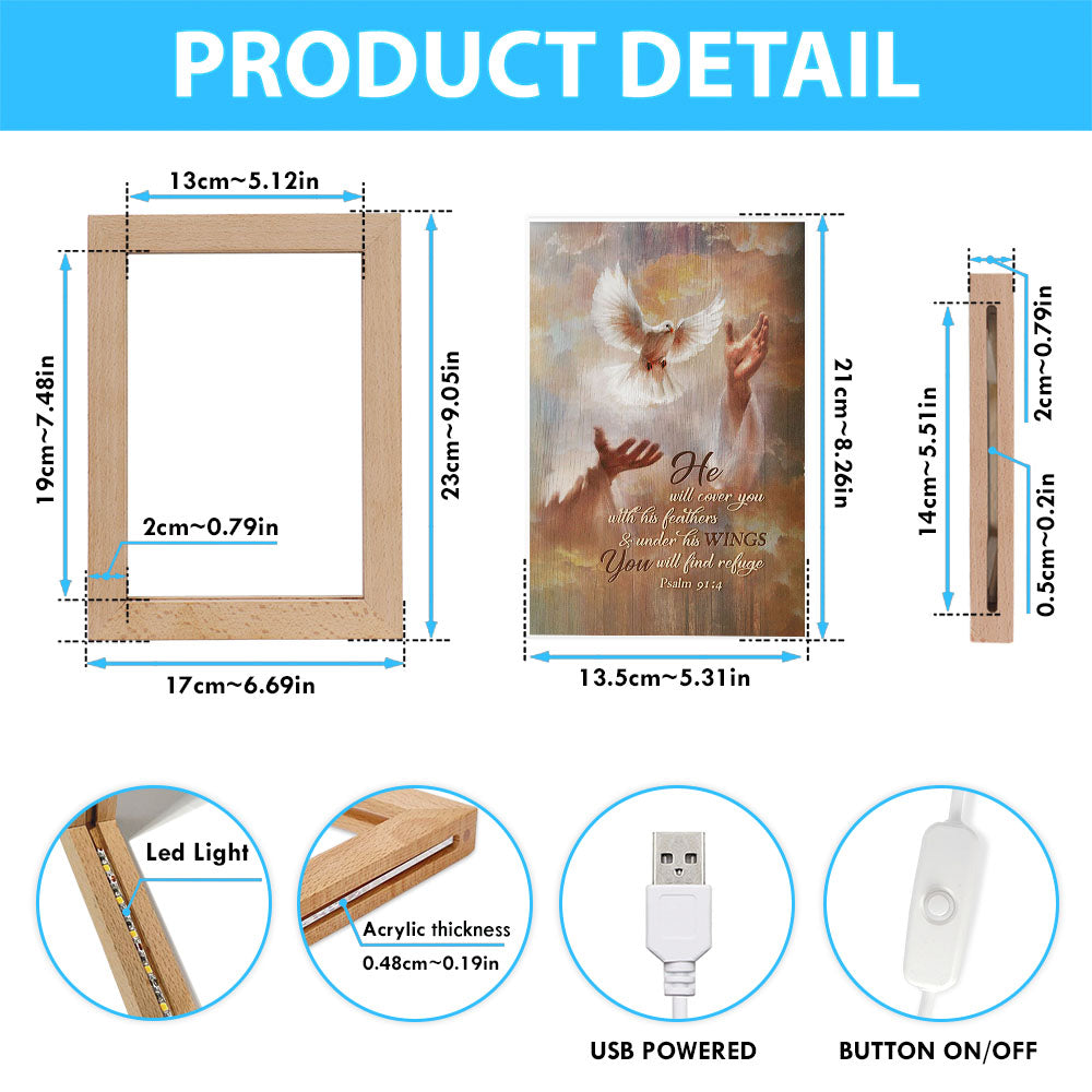 He Will Cover You With His Feathers Frame Lamp - Beautiful Dove Jesus's Hand Frame Lamp Art - Bible Verse Art - Christian Inspirational Decor