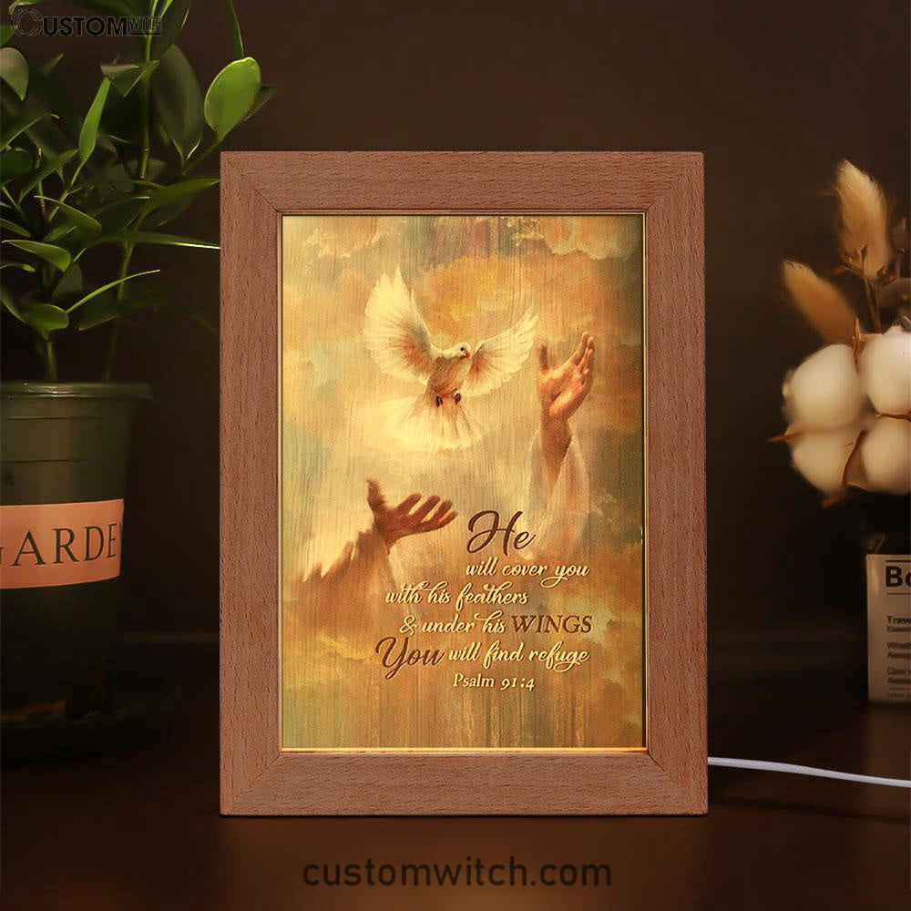He Will Cover You With His Feathers Frame Lamp - Beautiful Dove Jesus's Hand Frame Lamp Art - Bible Verse Art - Christian Inspirational Decor