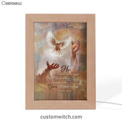 He Will Cover You With His Feathers Frame Lamp - Beautiful Dove Jesus's Hand Frame Lamp Art - Bible Verse Art - Christian Inspirational Decor