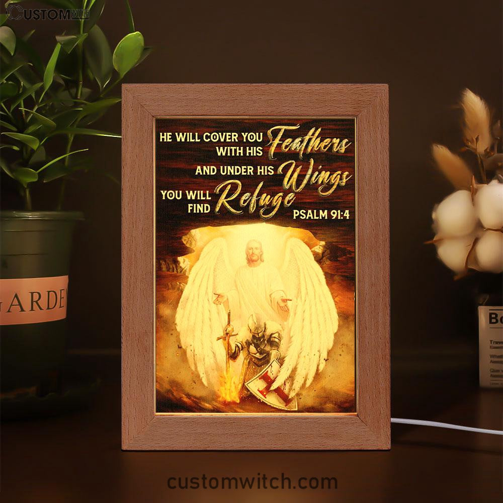 He Will Cover You With His Feathers Frame Lamp - Jesus Angel Wings Warrior Frame Lamp Art - Christian Art Decor - Religious Gifts Night Light