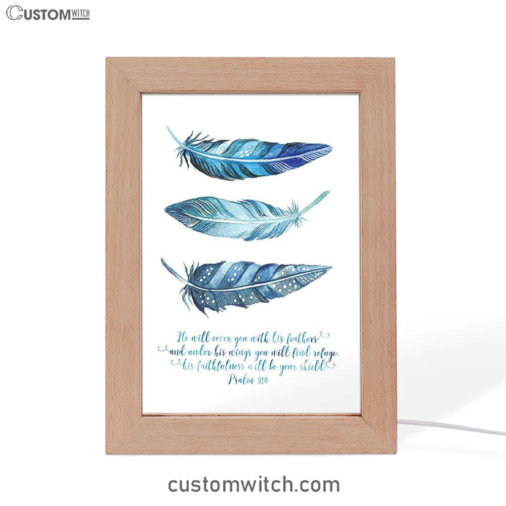He Will Cover You With His Feathers Frame Lamp Art - Psalm 91 4 - Christian Night Light Decor