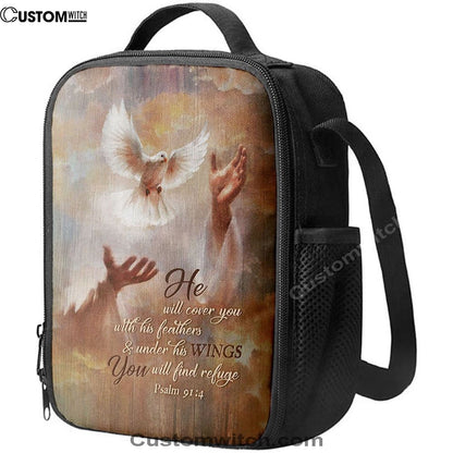 He Will Cover You With His Feathers Lunch Bag, Beautiful Dove Jesus's Hand Lunch Bag, Christian Lunch Bag, Religious Lunch Box For School, Picnic