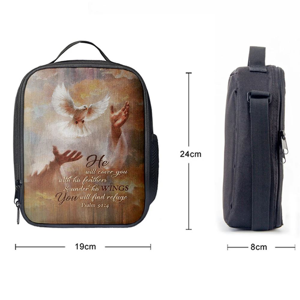 He Will Cover You With His Feathers Lunch Bag, Beautiful Dove Jesus's Hand Lunch Bag, Christian Lunch Bag, Religious Lunch Box For School, Picnic