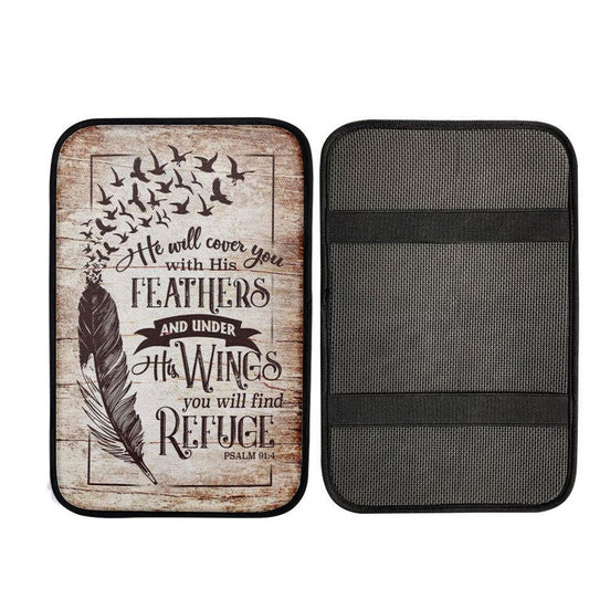 He Will Cover You With His Feathers Psalm 914 Bible Verse Car Center Console Cover, Cross Car Interior Accessories