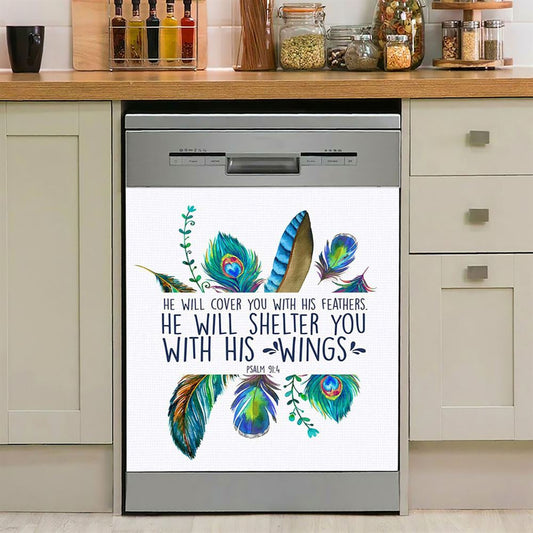 He Will Cover You With His Feathers Psalm 914 Bible Verse Dishwasher Cover, Bible Verse Dishwasher Stickers, Scripture Kitchen Decor