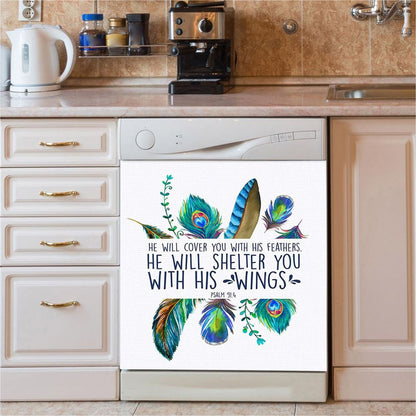 He Will Cover You With His Feathers Psalm 914 Bible Verse Dishwasher Cover, Bible Verse Dishwasher Stickers, Scripture Kitchen Decor