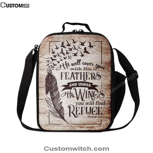 He Will Cover You With His Feathers Psalm 914 Bible Verse Lunch Bag, Christian Lunch Bag, Religious Lunch Box For School, Picnic