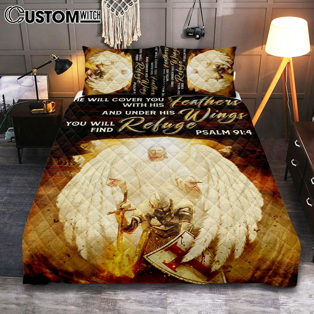 He Will Cover You With His Feathers Quilt Bedding Set - Jesus Angel Wings Warrior Quilt Bedding Set Bedroom - Christian Bedroom Decor - Religious Quilt Bedding Set Prints