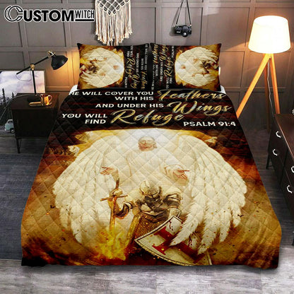 He Will Cover You With His Feathers Quilt Bedding Set - Jesus Angel Wings Warrior Quilt Bedding Set Bedroom - Christian Bedroom Decor - Religious Quilt Bedding Set Prints