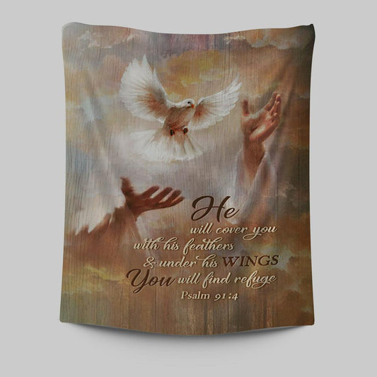 He Will Cover You With His Feathers Tapestry - Beautiful Dove Jesus's Hand Tapestry Art - Bible Verse Wall Art - Christian Inspirational Wall Decor