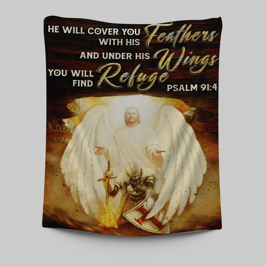 He Will Cover You With His Feathers Tapestry - Jesus Angel Wings Warrior Tapestry - Christian Wall Art Decor - Religious Tapestries Wall Hanging Prints