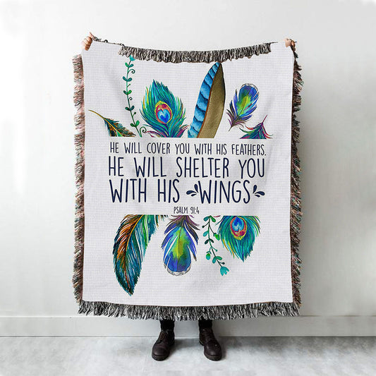 He Will Cover You With His Feathers Throw Blanket Woven Blanket - Christian Woven Throw Blanket Decor