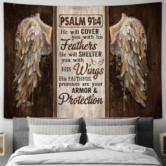 He Will Cover You With His Feathers Vintage Wings Tapestry Prints - Religious Tapestry Art - Christian Home Decor