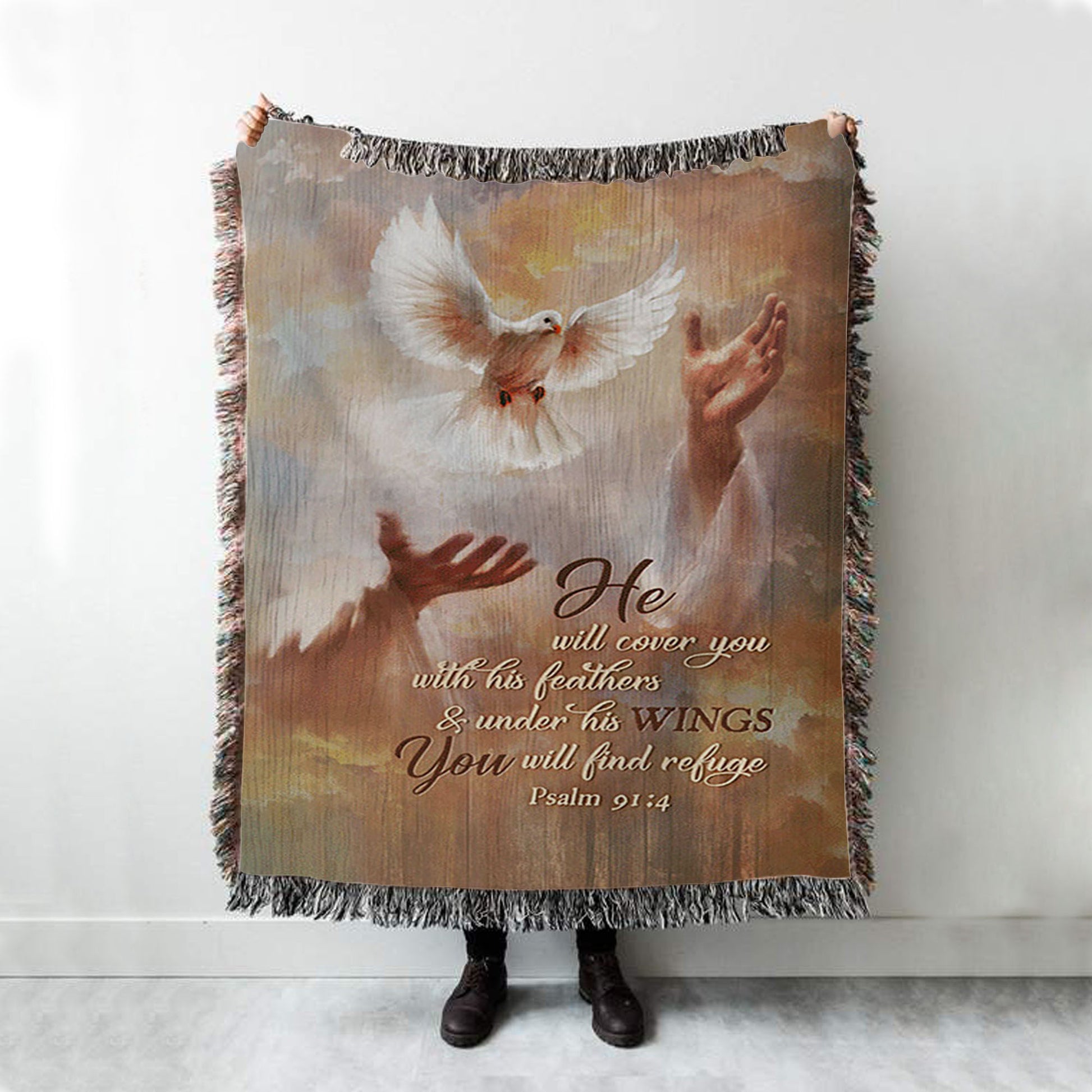He Will Cover You With His Feathers Woven Blanket - Beautiful Dove Jesus's Hand Woven Blanket Art - Bible Verse Throw Blanket - Christian Inspirational Boho Blanket