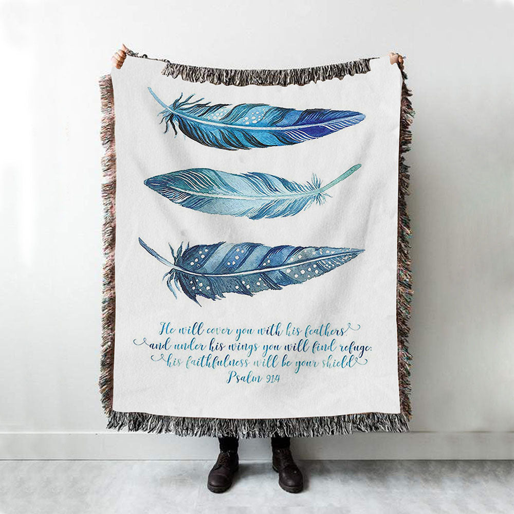He Will Cover You With His Feathers Woven Throw Blanket - Psalm 91 4 - Christian Woven Throw Blanket Decor