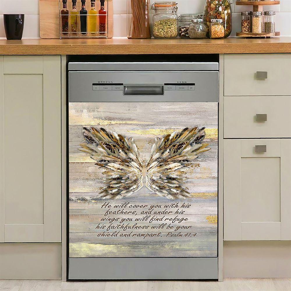 He Will Cover You With This Feathers Abstract Wings Dishwasher Cover, Christian Dishwasher Stickers, Religious Kitchen Decor