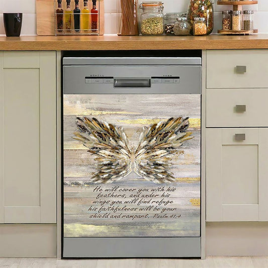 He Will Cover You With This Feathers Abstract Wings Dishwasher Cover, Christian Dishwasher Stickers, Religious Kitchen Decor