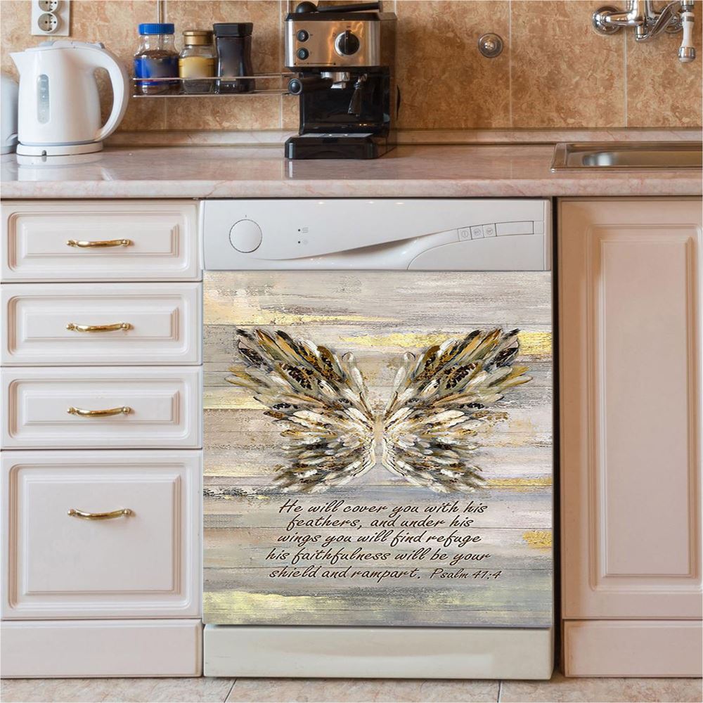 He Will Cover You With This Feathers Abstract Wings Dishwasher Cover, Christian Dishwasher Stickers, Religious Kitchen Decor