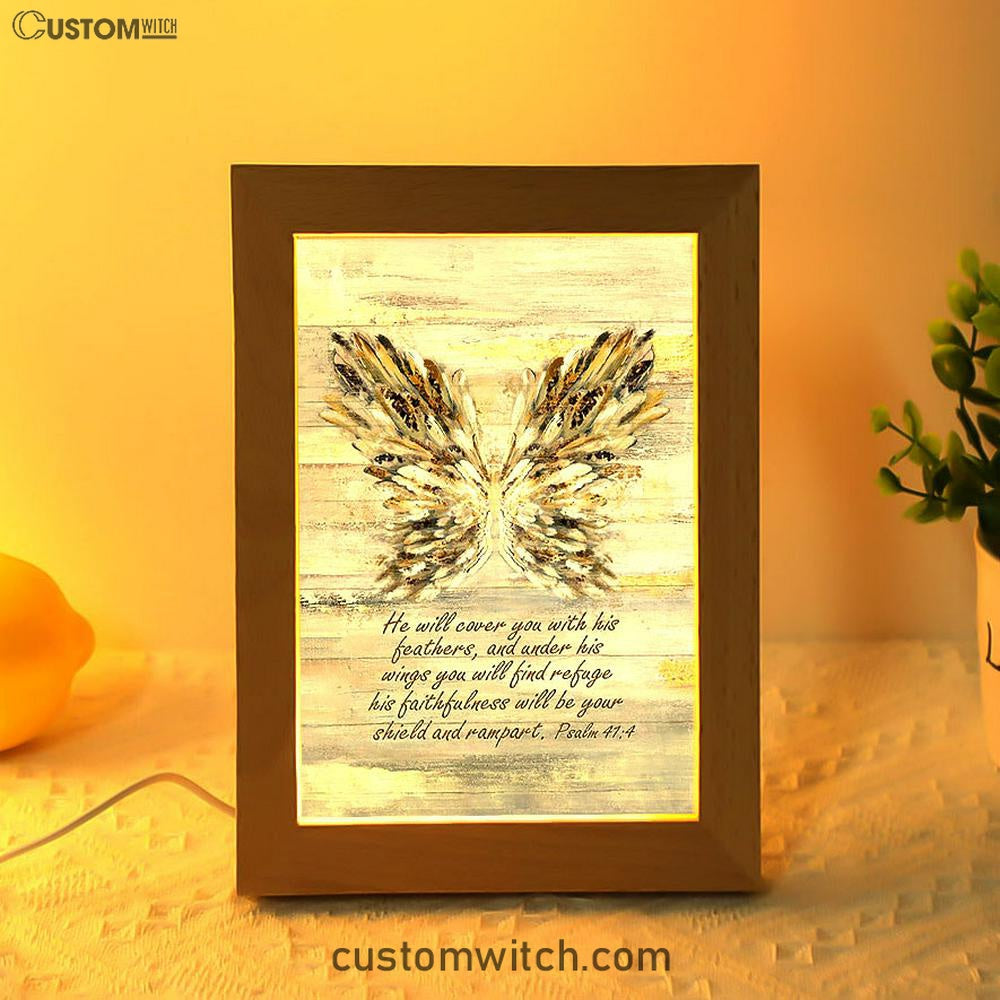 He Will Cover You With This Feathers Abstract Wings Frame Lamp - Christian Art - Religious Home Decor