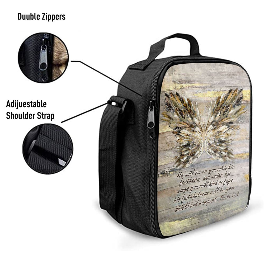 He Will Cover You With This Feathers Abstract Wings Lunch Bag, Christian Lunch Bag, Religious Lunch Box For School, Picnic