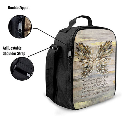 He Will Cover You With This Feathers Abstract Wings Lunch Bag, Christian Lunch Bag, Religious Lunch Box For School, Picnic