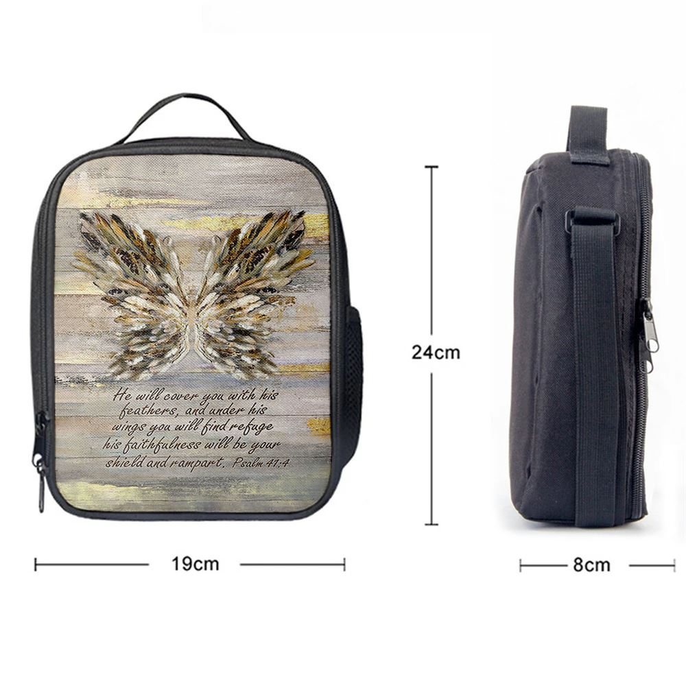 He Will Cover You With This Feathers Abstract Wings Lunch Bag, Christian Lunch Bag, Religious Lunch Box For School, Picnic