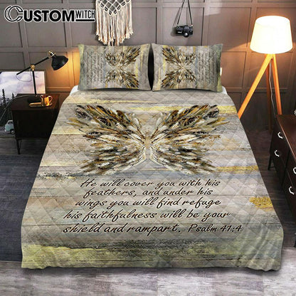 He Will Cover You With This Feathers Abstract Wings Quilt Bedding Set - Christian Bedroom - Religious Home Decor