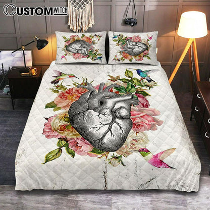 Heart Hummingbird Rose Quilt Bedding Set Cover Twin Bedding Decor - Gift For Cardiologist, Nurse, Rn