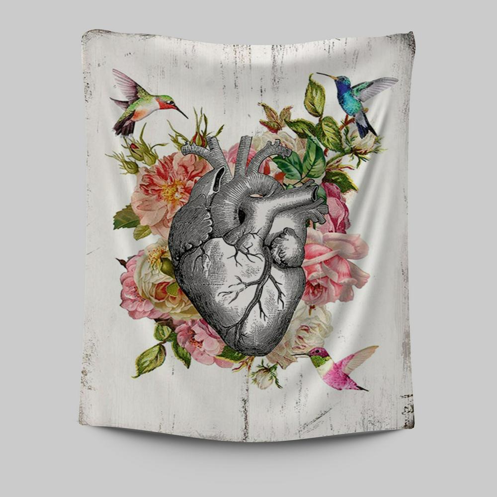 Heart Hummingbird Rose Tapestry Wall Decor - Gift For Cardiologist, Nurse, Rn